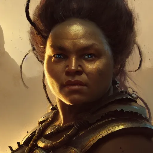 Prompt: masterpiece closeup portrait of a Dwarven woman with dark black skin, brown eyes, wearing armor, by Greg Rutkowski, 4k, matte painting, dungeons and dragons, detailed