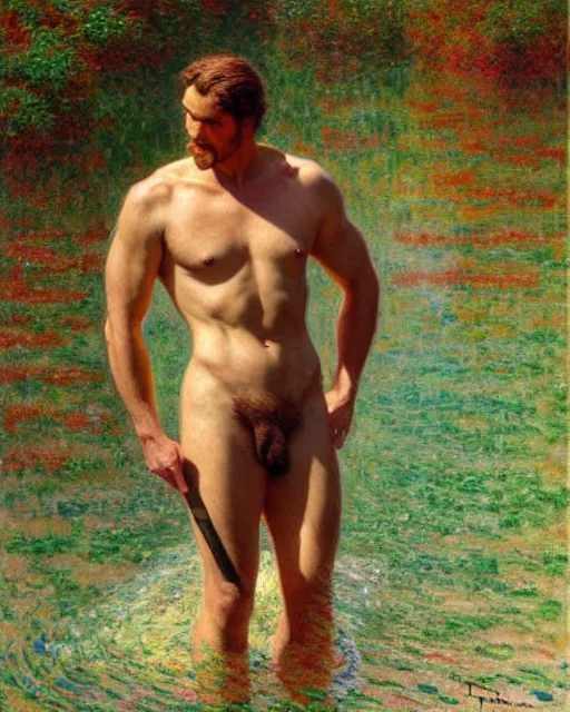 Image similar to handsome philospher wading through a river, reflective water,!!! pants!!! painting by tom of finland, gaston bussiere, craig mullins, j. c. leyendecker, claude monet