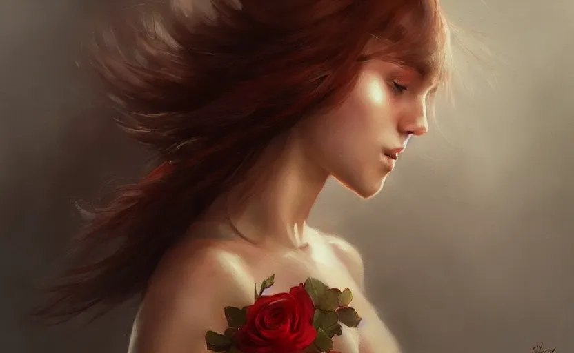 Image similar to a painting of virtualrose trending on artstation in the style of greg rutkowski, beautiful, young female, sensual, natural skin, brown hair, red rose in hair, natural sensuality