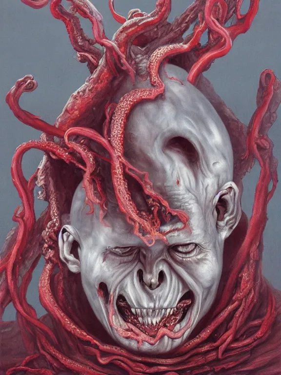 Image similar to wayne barlowe painting of a flying sorrowful looking severed human head, floating head with tears running down it's eyes, face that is chalk white in color, with long white tentacles stemming from it's neck, fiery scorching red eyes, background sprawling terrifying hellish cave with lava flowing through it's walls, 4 k