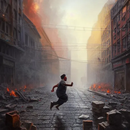 Image similar to a close view of a jewish rabi running away!!!, city of munich destroyed by a meteor!!!, rubble!!, fires!! hyperrealistic, highly detailed, cinematic, foggy light from fires, beautiful, cgssociety, artstation, 8 k, oil painting by greg rutkowski, by artgerm, by wlop