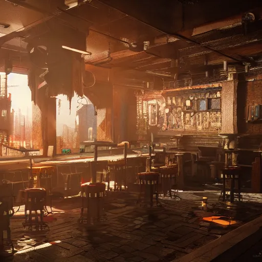 Image similar to ultra mega super hyper realistic Digital concept art of Cyberpunk tavern mixed with medieval style. Natural sunlight. Rendered in VRAY and DaVinci Resolve and MAXWELL and LUMION 3D, Volumetric natural light