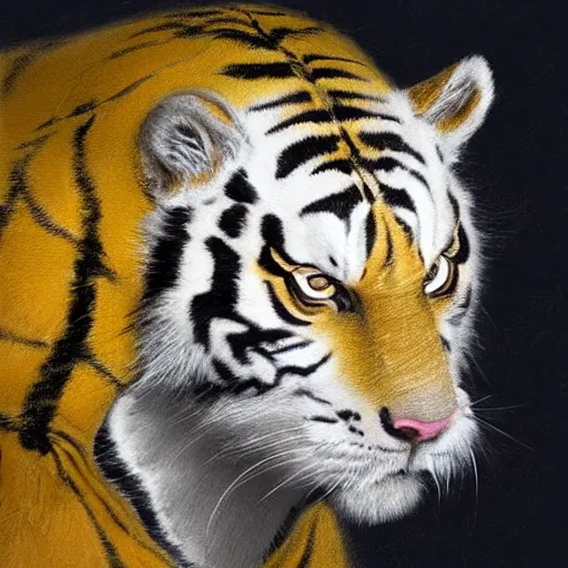 Prompt: a beautfiul award winning aesthetic commission of an antrho albino tiger wearing a yellow-black padded hooded puffer jacket,digital art,art by greg rutkowski,character design by charles bowater,ross tran,photorealistic,detailed face,hyperdetailed,western comic,2021,artstation,deviantart,unreal engine 5