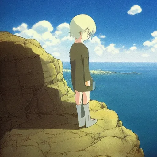 Image similar to Image from afar, man looking from the top of a large rock cliff, the sea hits the large stones hard, the clouds let through subtle rays of light, art by Hayao Miyazaki, whimsical, anime, children's illustration