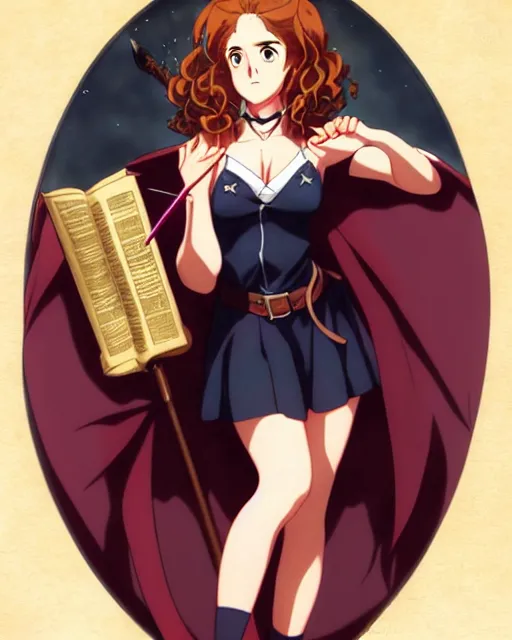 Prompt: pinup anime art of hermione granger by emma watson in the hogwarts night club, hermione by a - 1 pictures, by greg rutkowski, gil elvgren, artgerm, enoch bolles, glossy skin, pearlescent, anime, very coherent, flat, ecchi anime style