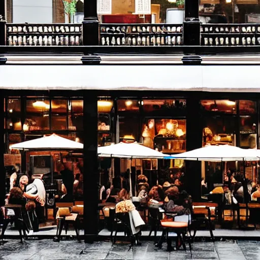 Image similar to busy cafe in a rainy victorian city