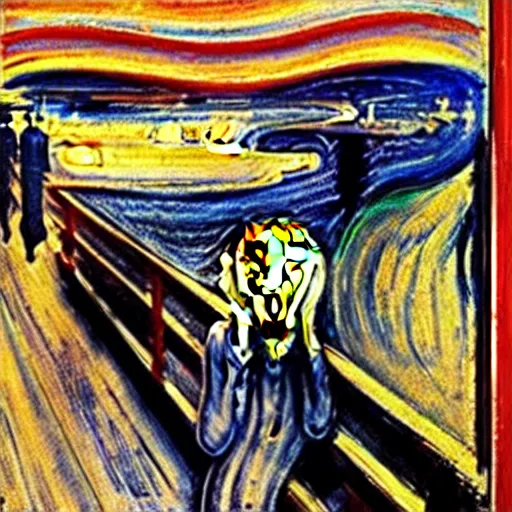 Prompt: painting of edvard munch's the scream zoomed out perspective, highly accurate, 8 k, highly ornate intricate details, rich colors, hyperrealistic,