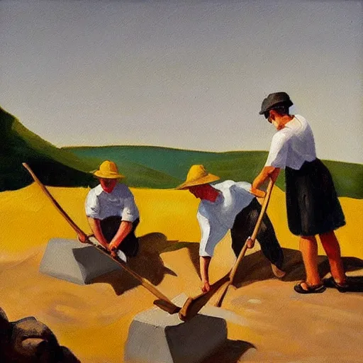 Prompt: “a painting of a group of people digging a well with pickaxes and spades in the Spanish mountains, surrounded by large grey rocks, the sun burning in the sky, in the style of Edward hopper”