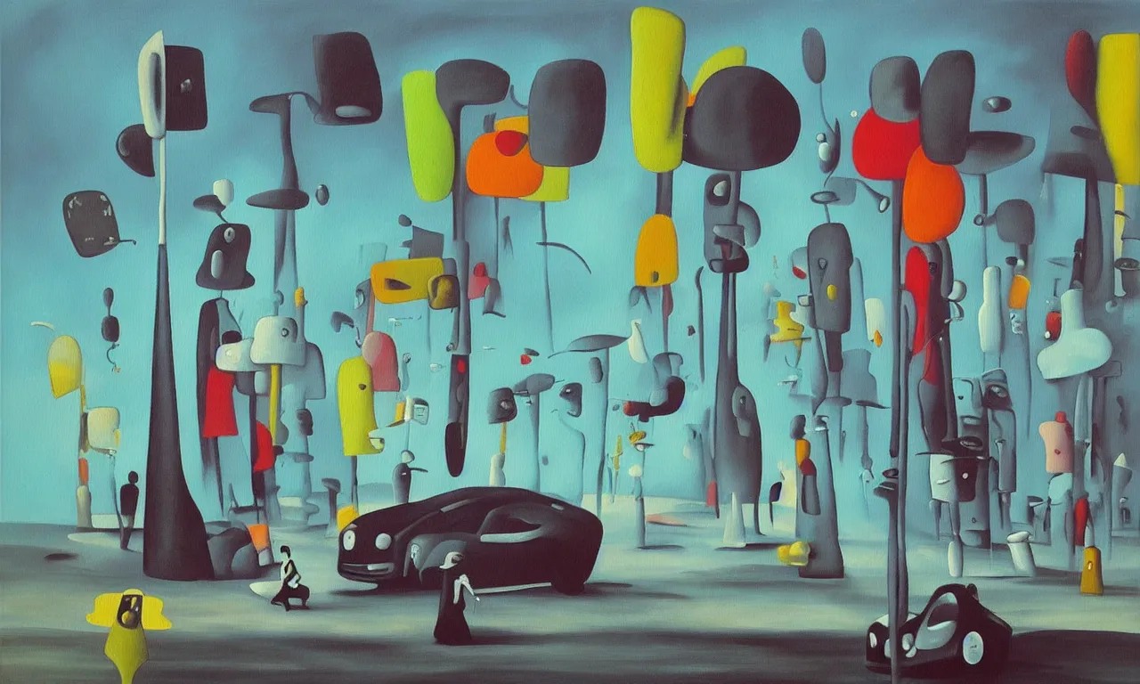 Image similar to “a painting in the style of Yves Tanguy , a parking meter stands in the middle of a desert. Next to the parking meter we see a priest, a woman in a green dress , and a rhinoceros ”