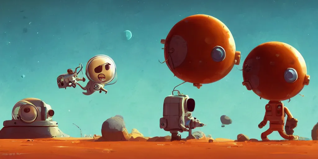 Prompt: cute cartoon cosmonaut landing on the mars by goro fujita and simon stalenhag and wes anderson and alex andreev, 8 k, trending on artstation, hyper detailed, cinematic