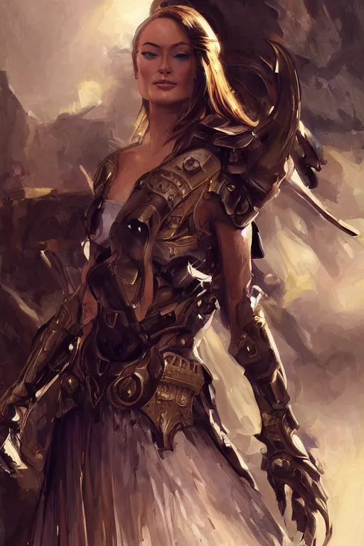 Image similar to a professional painting of a young Olivia Wilde, clothes in military armor, olive skin, long dark hair, beautiful bone structure, symmetrical facial features, intricate, elegant, digital painting, concept art, smooth, sharp focus, illustration, from StarCraft by Ruan Jia and Mandy Jurgens and Artgerm and William-Adolphe Bouguerea