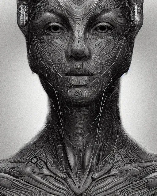 Image similar to an extremely detailed masterpiece head and shoulder portrait of a pleiadean extraterrestrial, in the style of ryan hewett, biometric, detailed, elegant, intricate, trending on artstation, 4 k