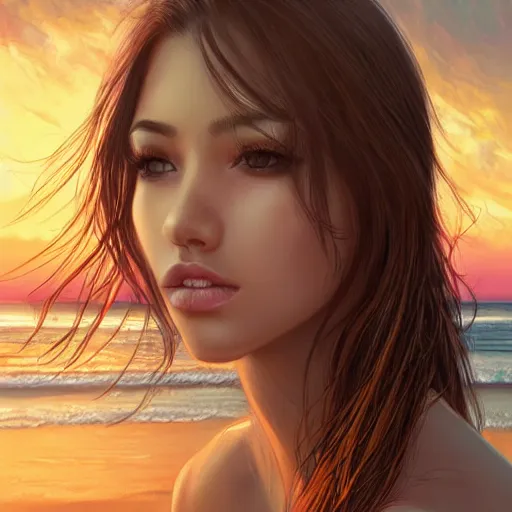 Image similar to portrait of beautiful woman on the beach, brown eyes, sunset, highly detailed, by wlop, rossdraws, artgerm.