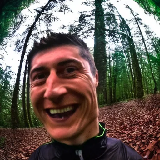 Prompt: laughing robert lewandowski creeping towards the camera on trail cam at night, in a dark forest, lit by a flashlight, fisheye!!!