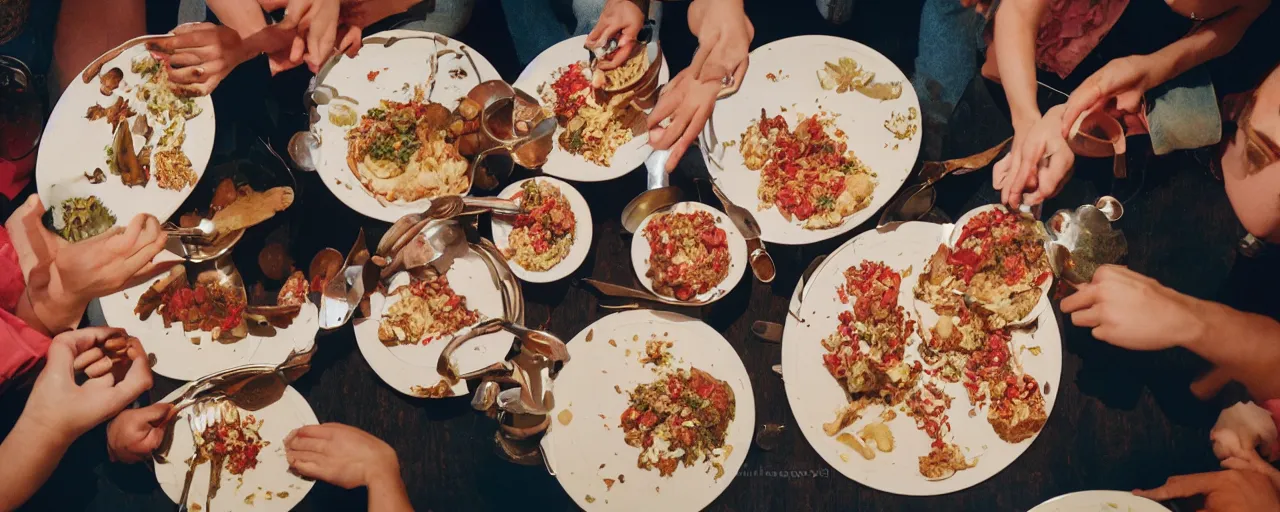 Image similar to a group of people licking from the same plate, food scattered all around, tension, canon 5 0 mm, cinematic lighting, photography, retro, film, kodachrome, closeup