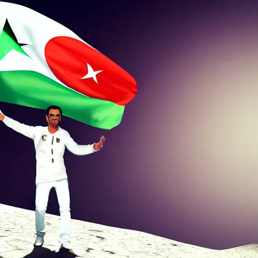 Prompt: algerian guy with a flag in the moon with money flying everywhere in the sky octane render