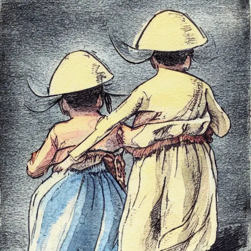 Image similar to two orphans with hats and middle ages simple clothes holding eggs with their arms, orphans running from a flying angry chicken, illustration for children, bright faded watercolor on grainy paper,. accurate anatomy. symmetry.