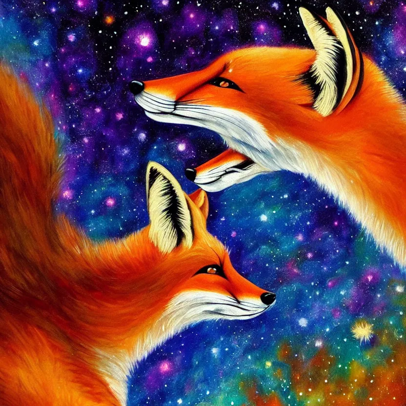 Prompt: a painting of a fox looking up at the colourful galaxy in the style of Starry Night, highly detailed, trending on artstation