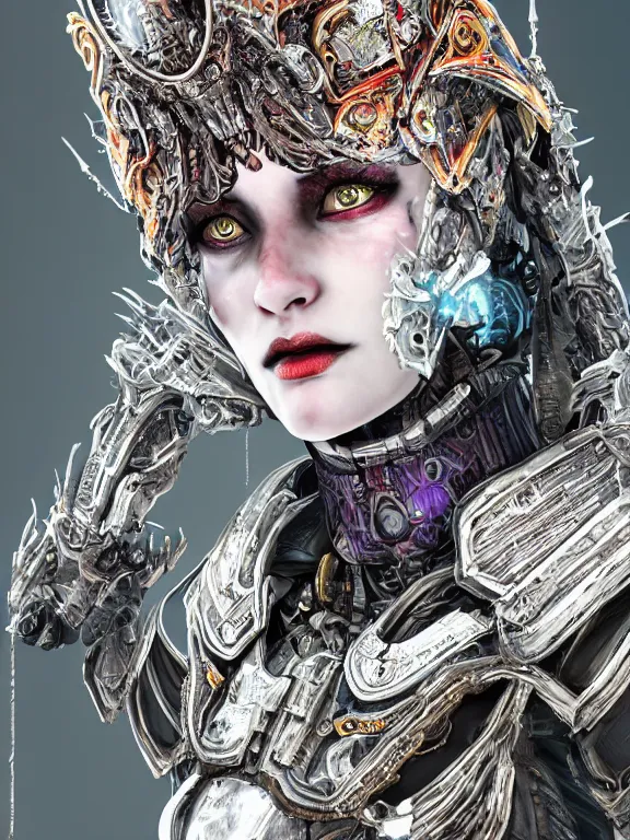 Image similar to portrait art of 8k ultra realistic undead vampire queen, ornate intricate smashed galaxy helmet , detailed intricate ornate armour,blade runner, cybernetic, full of colour, cinematic lighting, battered, trending on artstation, 4k, hyperrealistic, focused, extreme details,unreal engine 5, cinematic, masterpiece, art by ayami kojima, giger