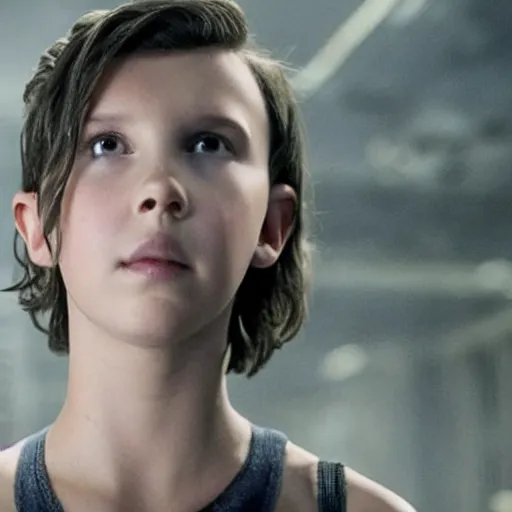 Image similar to Millie Bobby Brown as the Terminator, movie still, dramatic, dark, bloody, doomsday