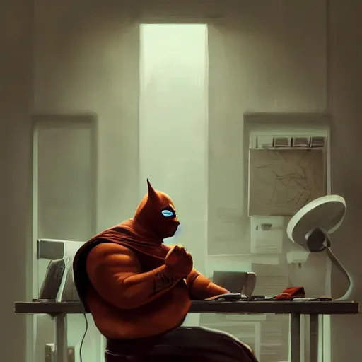 Image similar to a insanely detailed painting of a fat masked superhero wearing a costume sitting at a desk, staring at the nervously at the computer and clicking on the mouse, in the style of peter mohrbacher, dramatic lighting and composition, trending on artstation, concept art, comic book