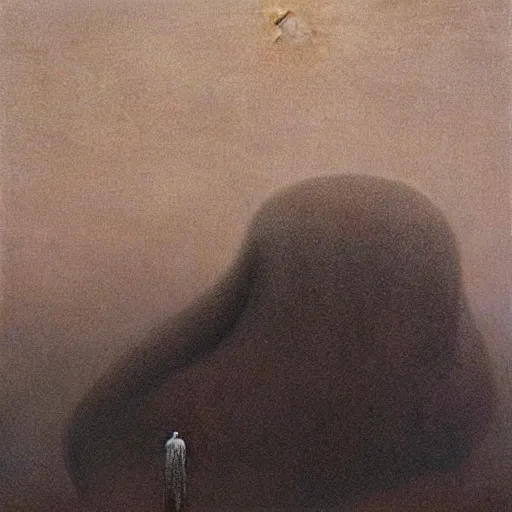 Image similar to a lonely man curled up with black smoke coming out of him, on a white snowy post apocalyptic field, surronded by floating red female heads, painting by beksinski