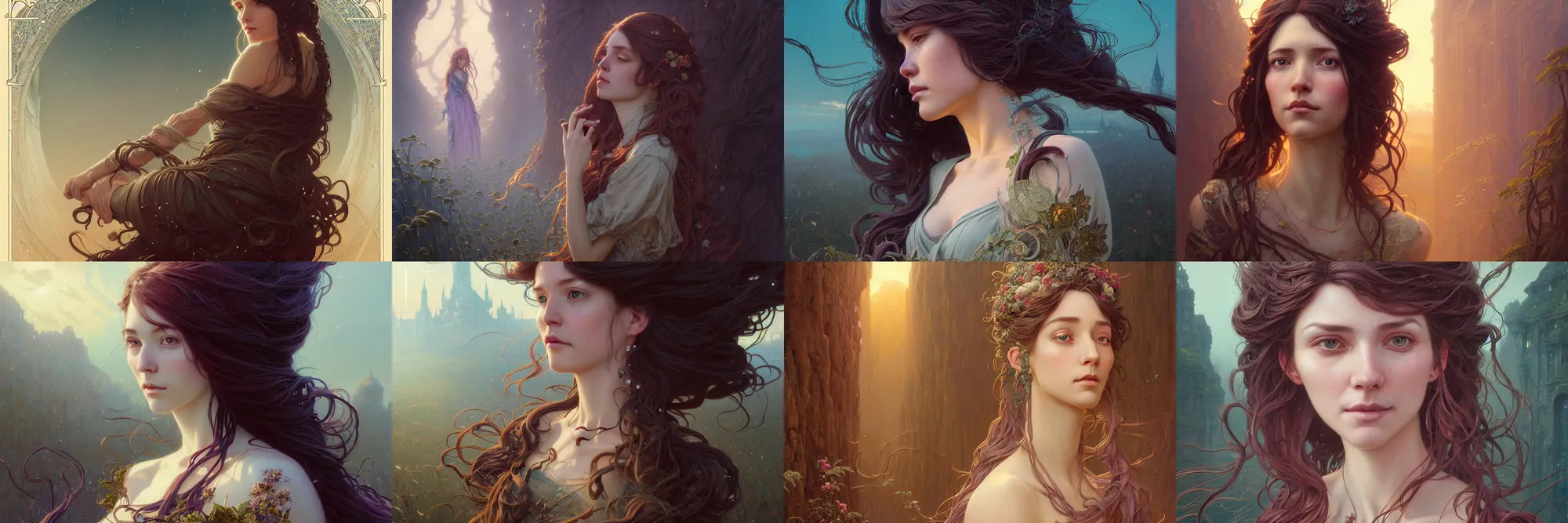 Image similar to highly detailed portrait of a woman with long hairs, stephen bliss, unreal engine, fantasy art by greg rutkowski, art nouveau, loish, rhads, ferdinand knab, makoto shinkai and lois van baarle, ilya kuvshinov, rossdraws, tom bagshaw, alphonse mucha, global illumination, radiant light, detailed and intricate environment