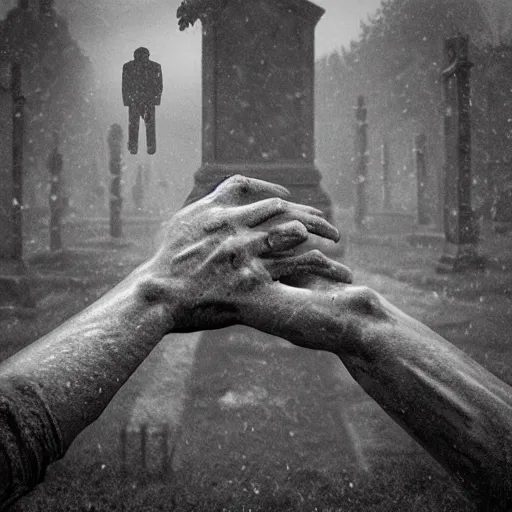 Prompt: [ macabre figures reaching out ]!! to the camera [ in a graveyard ]!!, [ 4 k photorealism ]!!, trending on unsplash, grim lighting, gloomy atmosphere, cgsociety inspired, pinterest contest winner