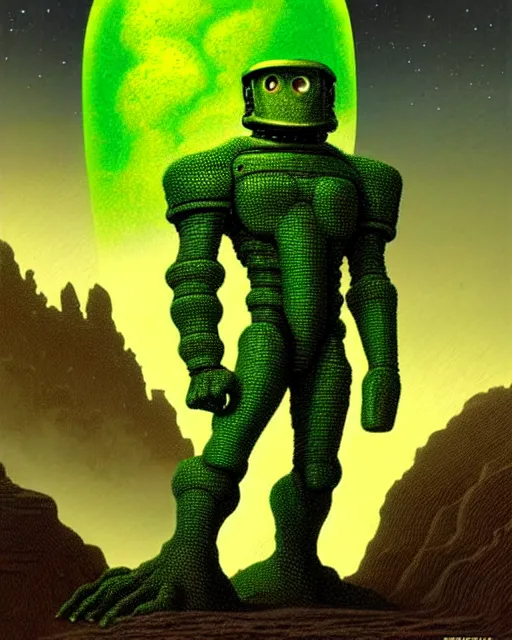 Image similar to portrait giant green humanoid with his fist up, brown armor, background ancient alien landscape, low angle, close up, concept art, intricate details, highly detailed, vintage sci - fi poster, retro future, vintage sci - fi art, in the style of chris foss, rodger dean, moebius, michael whelan, and gustave dore