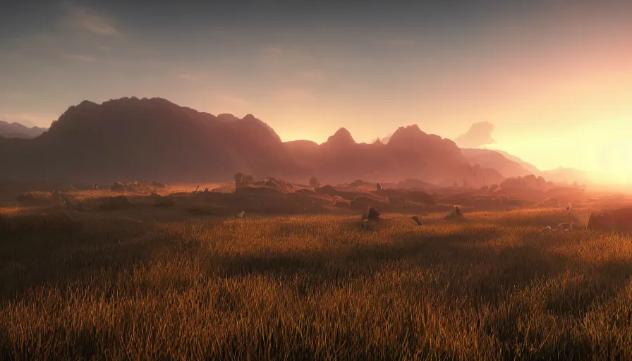 Image similar to edge of mountains watching animals in the field in the distance, volumetric light, sunset, hyperdetailed, artstation, cgsociety, 8 k