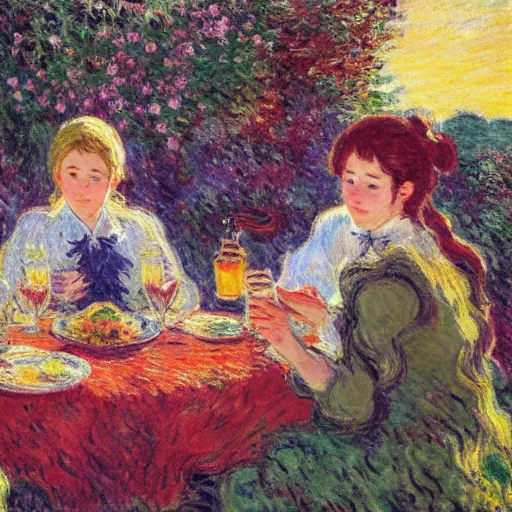 Prompt: harvest moon a wonderful life waifus eating dinner by a fireplace, warm place, tasty - looking food, happy, painted by claude monet