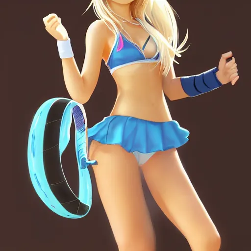 Image similar to a very beautiful proud young anime tennis girl, confident, full body, long wavy blond hair, sky blue eyes, full round face, bikini, miniskirt, front view, mid - shot, highly detailed, cinematic wallpaper by stanley artgerm lau