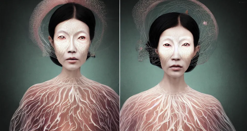 Image similar to closeup shot of asian female wearing a luminous soft fragile jelly fish dress, symmetrical face, by ray caesar, by louise dahl wolfe, by andrea kowch, by anna claren, surreal photography