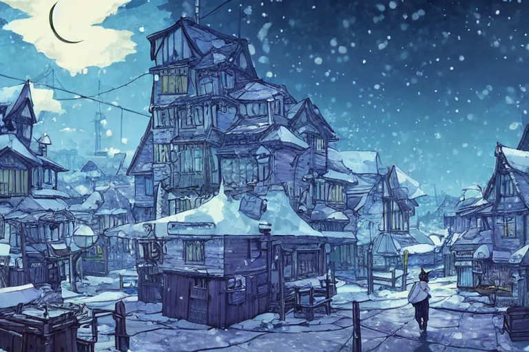 Prompt: cell shaded anime key visual of a fantasy city in the tundra, snowy, in the style of studio ghibli, moebius, makoto shinkai, dramatic lighting