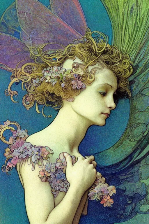 Prompt: a beautiful dressed faerie, detailed, rainbowshift, by maxfield parrish, alphonse mucha, brian froud