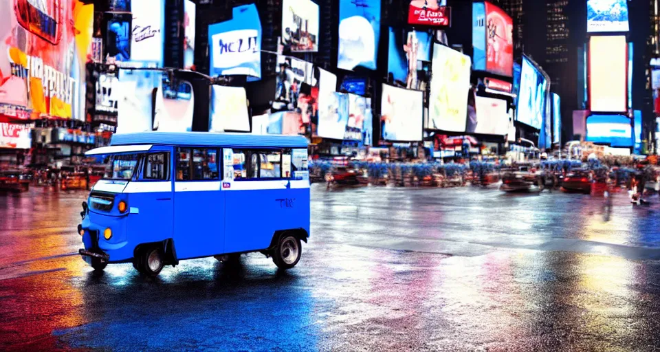 Prompt: a blue and white tuk tuk in times square, night, lofi, rainy day, mood, octane render, light leaks 4 k premiere pro, hyper realistic -