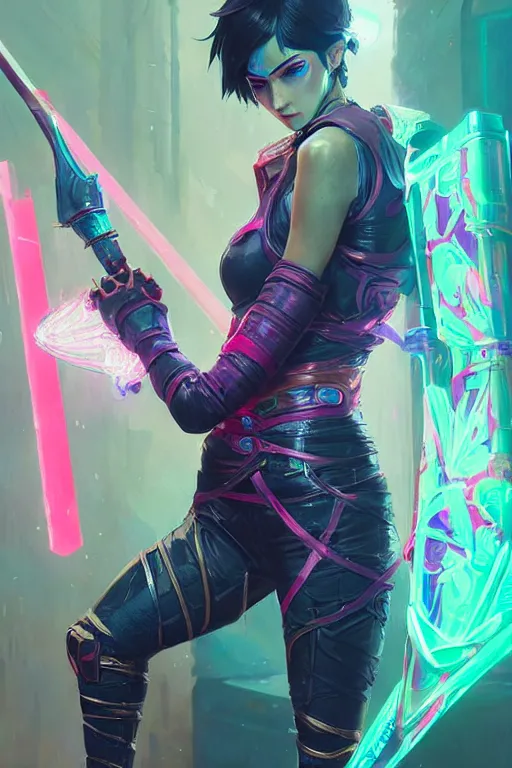 Image similar to fiora from league of legends, cyberpunk futuristic neon. fencing, long sword in her hand, decorated with traditional japanese ornaments by ismail inceoglu dragan bibin hans thoma greg rutkowski alexandros pyromallis nekro rene maritte illustrated, perfect face, fine details, realistic shaded, fine - face, pretty face, masterpiece