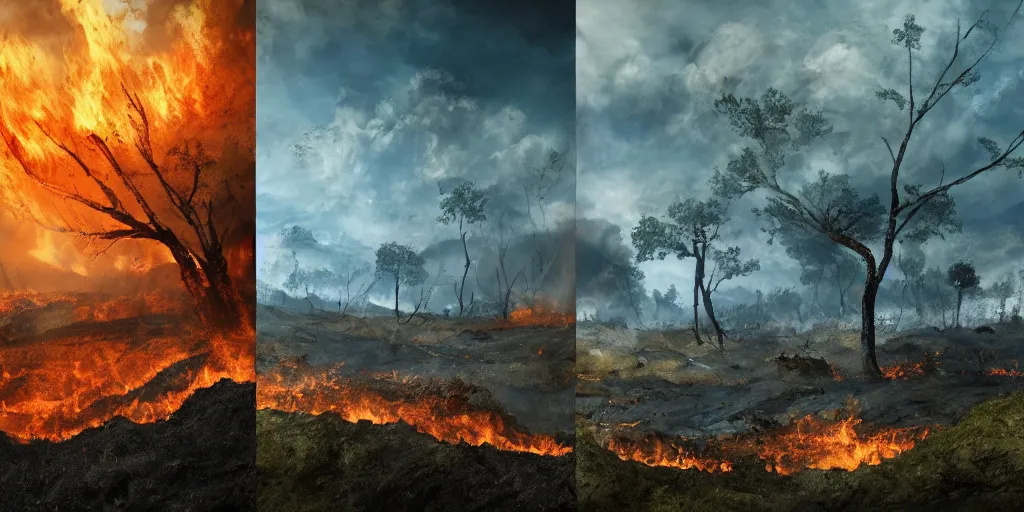 Prompt: two completly different landscapes divided exaclty in the middle by a mysterious force, one landscape with a lot of fire and burned ground and no life and burning sky, one landscape with wide flora and fauna and trees and blue sky, hyperrealistic, high quality, 4k, ultra detailed