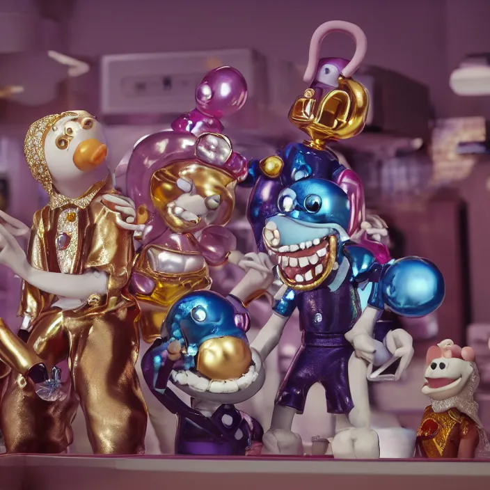 Prompt: jeff koons hip hop bauhaus style street sharks sailor moon wearing diamond grillz and a ton of bussdown iced gold bling in wallace & gromit strata - cut claymation, ultra realistic, concept art, intricate details, serious, highly detailed, photorealistic, octane render, 8 k, unreal engine