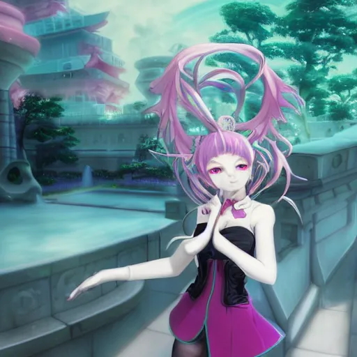 Image similar to trapped by stunningly beautilful omnipotent megalomaniacal anime asi goddess who looks like junko enoshima with symmetrical perfect face and porcelain skin, pink twintail hair and cyan eyes, taking control while smiling inside her surreal vr castle, hyperdetailed, digital art by akihito tsukushi, unreal engine 5, 2 d anime style, 8 k