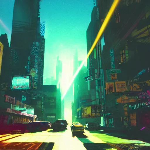 Image similar to go pro camera photo with chromatic aberration of a cyberpunk dystopian city with sunshaft and dramatic colorful lighting and god rays, Kodak Ektachrome E100 Film,