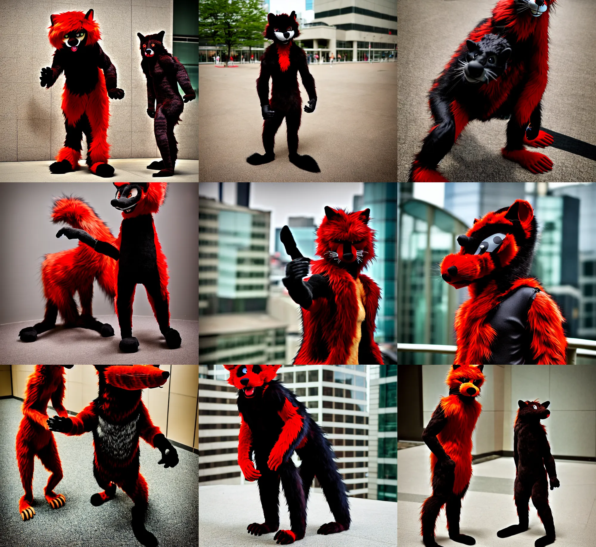 Prompt: fullbody photoshoot photo portrait of a roguish male red - black furred bipedal weasel furry fursona / fursuiter, photorealistic, taken at anthrocon