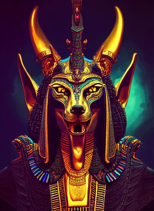 Prompt: angry god anubis, growling jackal with egyptian headdress and nemes, ornate art nouveau detail, black and neon palette, symmetry, fantasy, intricate, elegant, highly detailed, colorful, dark colors, dramatic shadow, digital painting, artstation, concept art, art by artgerm and greg rutkowski and ruan jia,