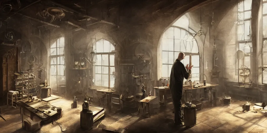 Prompt: a bald man working in an old alchemy laboratory, facing away, dim lighting, light rays coming through the window, dust particles, photorealistic painting, beautiful elaborate interior, vintage laboratory style, digital painting, high resolution, cinematic scene lighting, matte painting