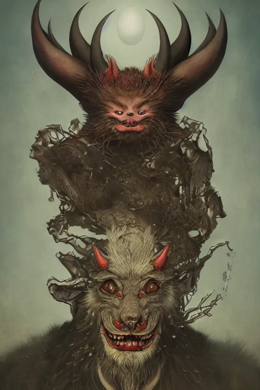 Image similar to a portrait of a japanese devil animal illustrated by miyazaki by karol bak, james jean, tom bagshaw, rococo, sharp focus, trending on artstation, cinematic lighting, hyper realism, octane render, 8 k, hyper detailed, vivid, ultra detailed, highly detailed