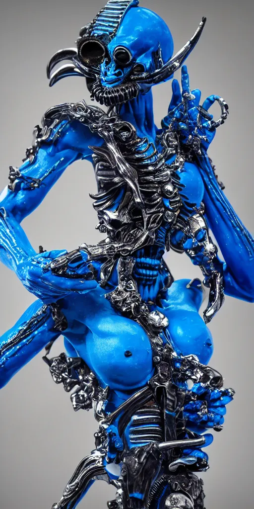 Image similar to blue demon with xenomorph intricated jewelry figure plastic jumping in a runway fashion show, realistic photography paparazzi by Nick Knight