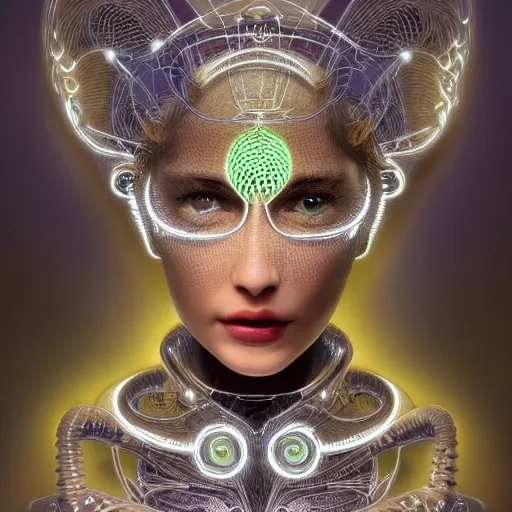 Prompt: one very beautiful woman integrating with technology, full face frontal centered, portrait, insipiring, detailed intricate ornate cables connected to head, big open electric eyes, luxurious detailed abundent wiring and implants, diamonds, sci-fi, neon, emeralds, detailed technology full background, highly detailed, artstation, Rene Lalique and Eddie Mendoza and Gil Elvgren