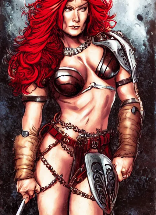 Prompt: a portrait of red sonja