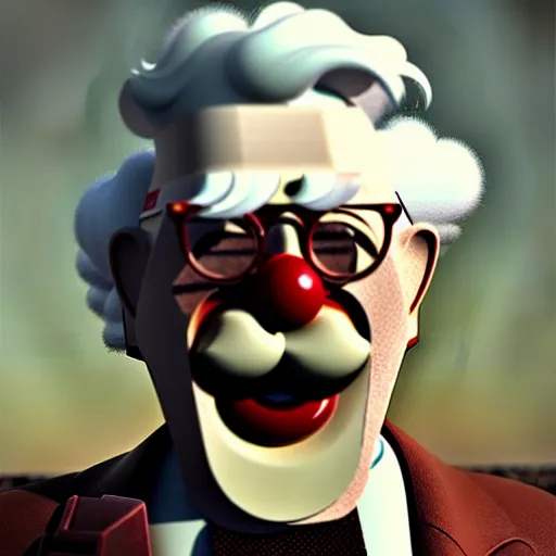 Prompt: Ronald McDonald and Colonel Sanders morphed into one person, hybrid, natural volumetric lighting, sunset, rusted steel, stunning skies, scattered rubbish and debris, 8k, photorealistic, hyper detailed, unreal engine 5, IMAX quality, cinematic quality, beautifully illustrated, sharp focus, minimal artifacts, from DOOM, by Greg Rutkowski, trending on Artstation, award winning