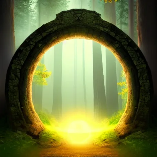 Prompt: A magical portal standing in the middle of a forest leading into another world. Gloomy, forest at night. Stone archway portal, centralized. The portal leads into a sunny world. Highly detailed, trending on artstation.